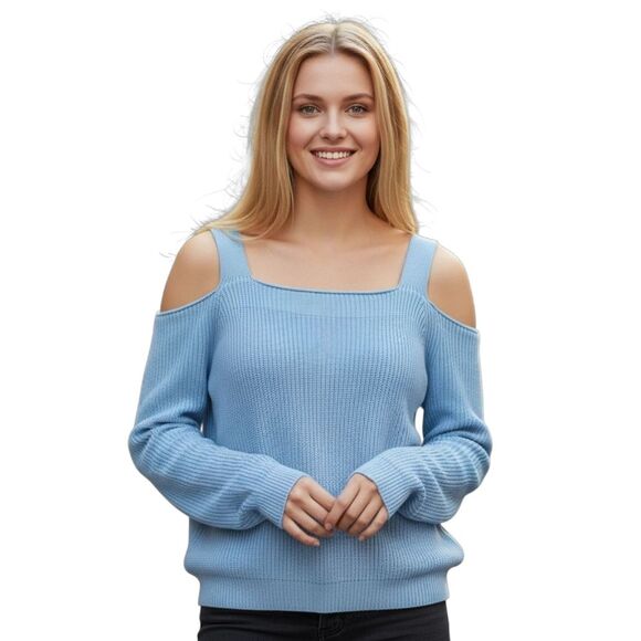 Cold Shoulder Sweater Women Small Blue Square Neck Oversized Long Sleeved - Picture 1 of 8